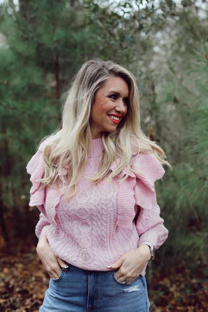 Falling For You Ruffled Knit Sweater in Pink